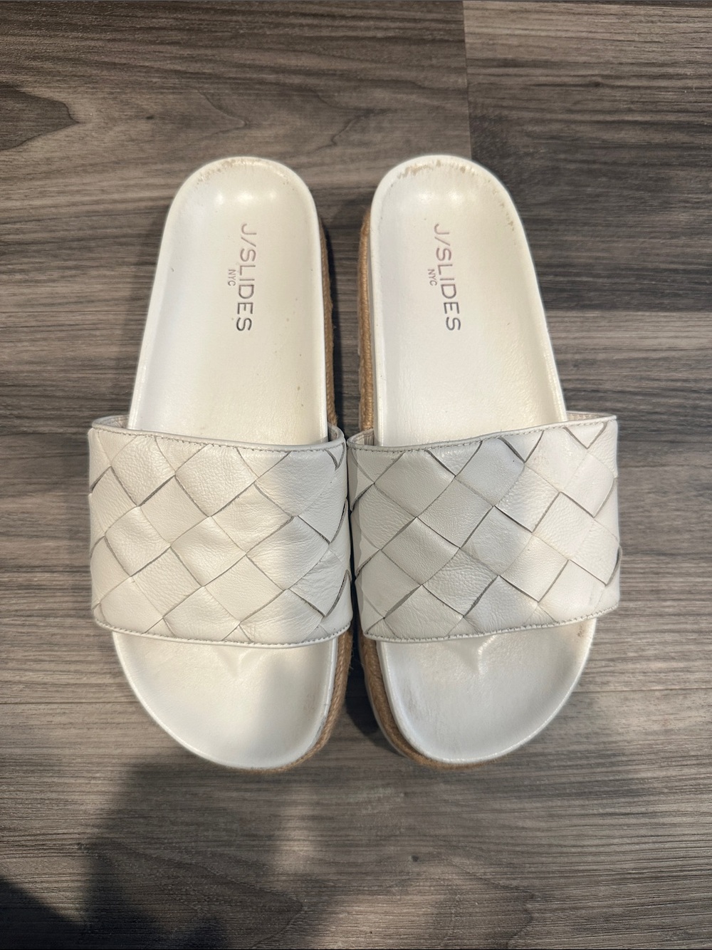 J/SLIDES White Woven Leather Slide Mules